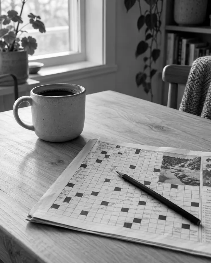 Kaffekopp, blyant og papirkryssord ved et vindu